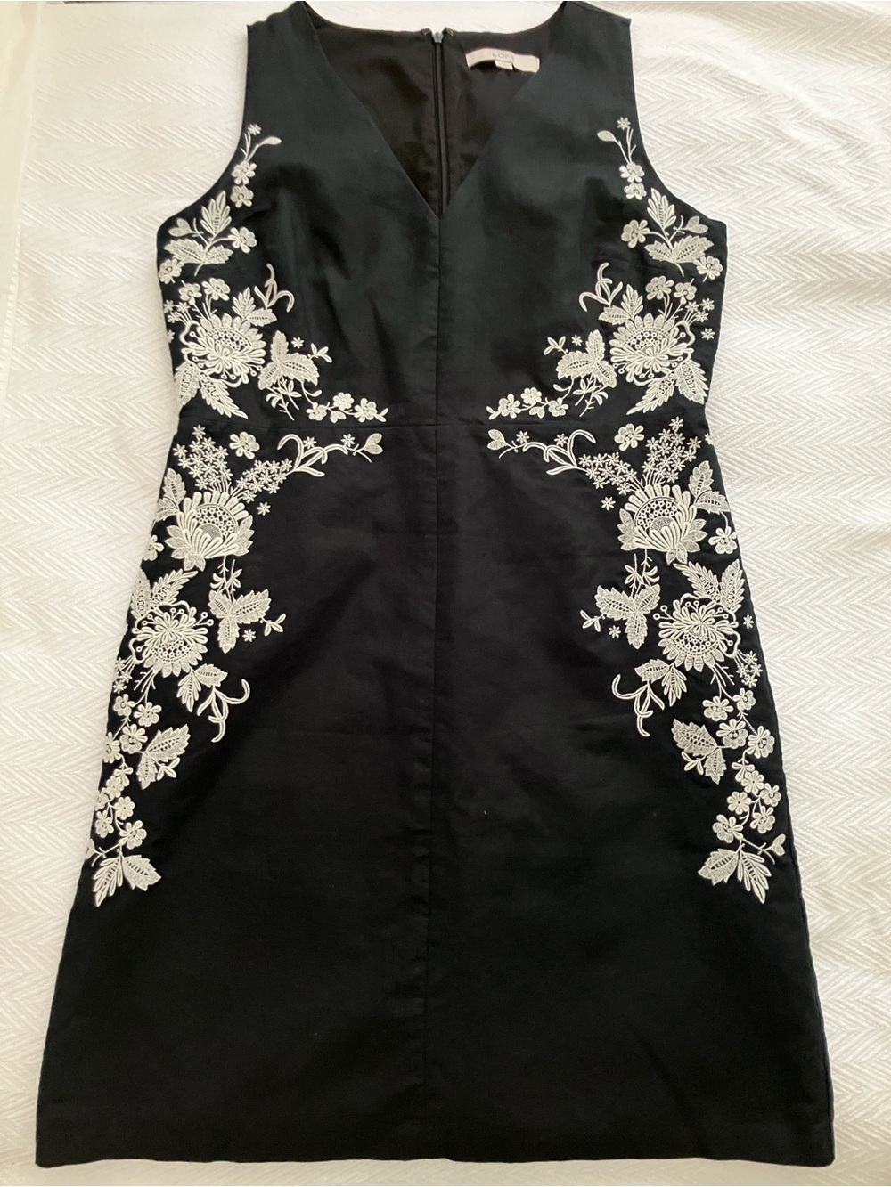 LOFT Black Linen Sleeveless Dress with White Floral Embroidery